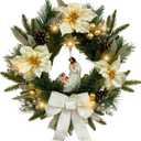 22 Inch Pre-Lit Artificial Christmas Wreath with White Artificial Poinsettia Flowers Jesus Figurine Nativity Scene Glitter Ball Ornaments PineCones Berries for Christmas Decor Front Door