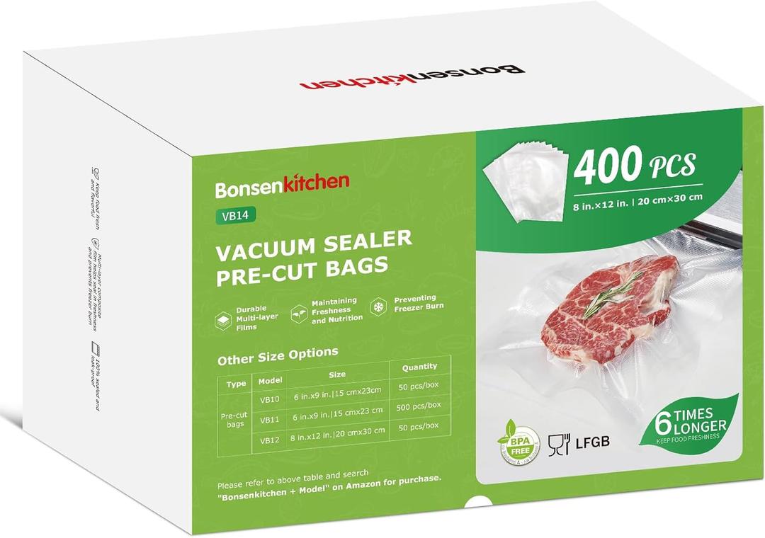 Bonsenkitchen Vacuum Sealer Bags,400 Quart 8" x 12" Precut Food Sealer Bags, Commercial Grade, BPA Free, Heavy Duty, Customized Size Vacuum Bags for Vac Storage, Meal Prep or Sous Vide Cooking, VB14