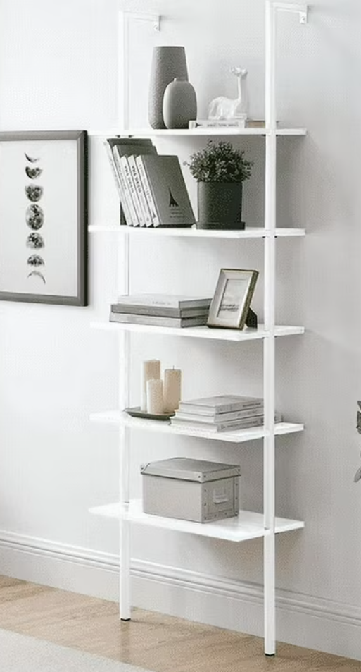 Ktaxon 5-Shelf Industrial Wood Ladder Bookcase with Metal Frame,White