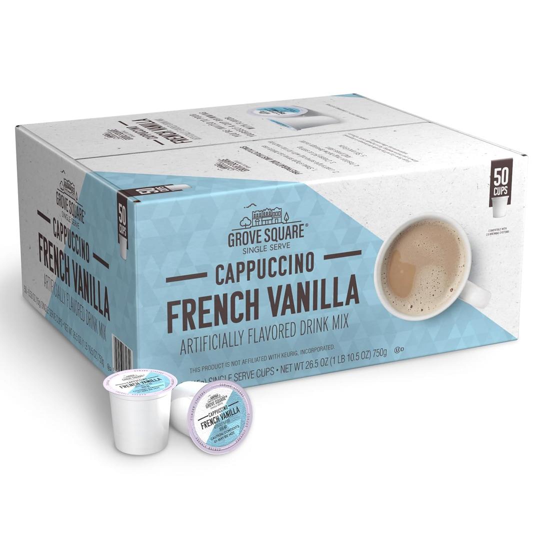 Grove Square Cappuccino Pods, French Vanilla, Single Serve, 50 Count (Pack of 1) - (EXP 04/20/27)