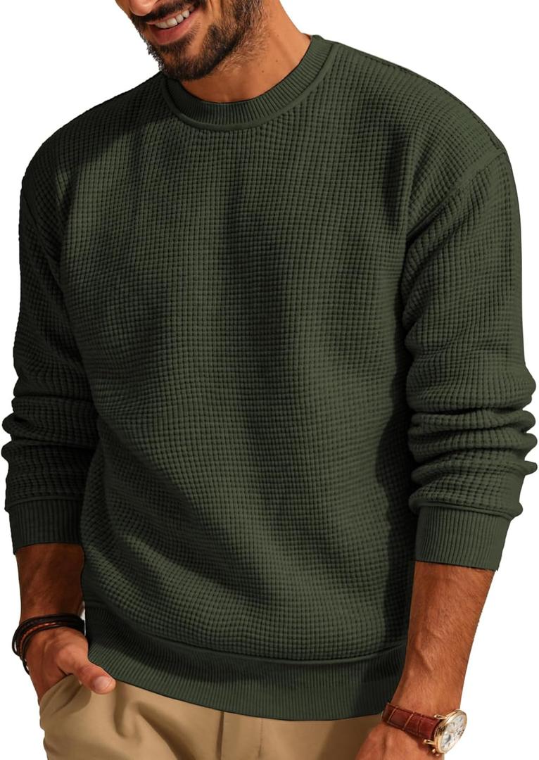 PJ PAUL JONES Mens Sweater Crewneck Knit Sweaters Casual Waffle Pullover Sweater for Men (Large, Army Green)