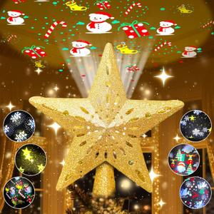 10.23 inch Christmas Star Tree Topper Projector with 6 Patterns Gold Star Christmas Tree Topper Plug in for Indoor Office Xmas New Year Holiday(Gold, 6 Patterns,3m Cable)