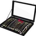 Jenseits Necklace Organizer Box, Tray with Clear Lid, Velvet Dustproof Necklaces Holder Storage Display Case, 20 Hooks Glass Top Jewelry Tray Drawer Insert for Pendant Bracelet