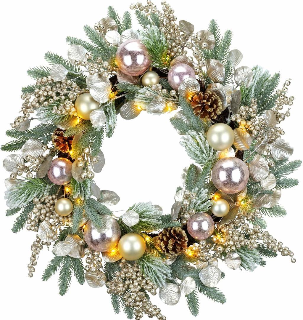 YULETIME 24" Christmas Wreath, Artificial Holiday Wreath with Baubles, Berries, Leaves, Spruce Branches, Snowy Pine Needles (Pink Bauble)