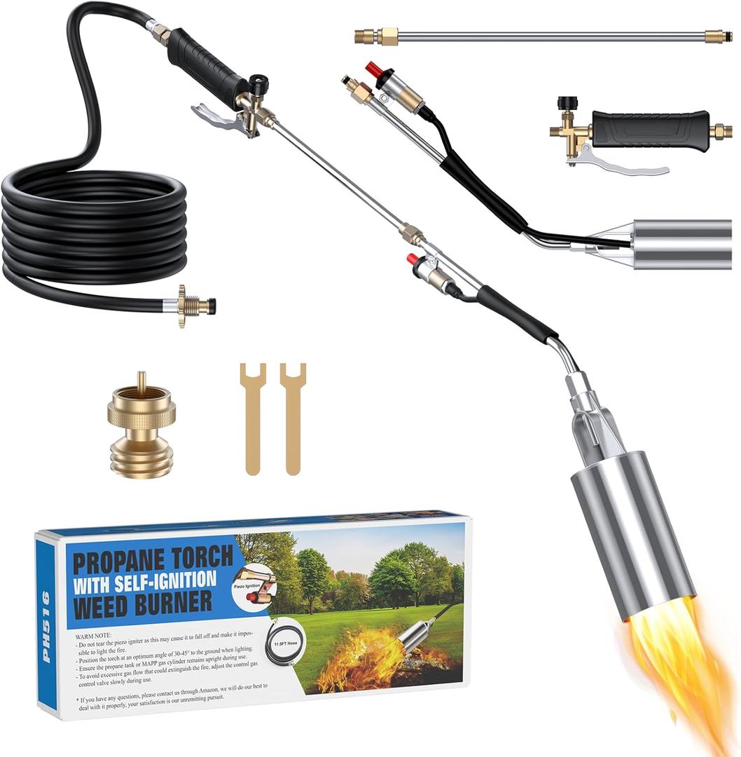 Weed Torch for Propane Tank with 11.5FT Hose, Propane Torch Weed Burner with Self Igniter Flame Control and Turbo Trigger, Flame thrower for Weeding, Roof Asphalt, Melting Snow, Road Marking (Black)