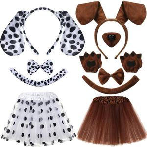 JaGely 11 Pcs Puppy Dog Costume Animal Dalmatian Costume Set Cute Dachshund Ear Headband Spotted Dog Bowtie Paws Tutu Skirt for Halloween Cosplay Party Accessories