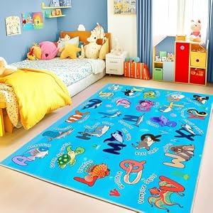 Bolacrom Kids Rugs for Playroom, 3x4 Feet Educational Rug for Learn The ABC Alphabet, Soft Machine Washable Non-Slip Cute Marine Organisms Carpet for Classroom Toddler Nursery Kids Room Decor, Blue
