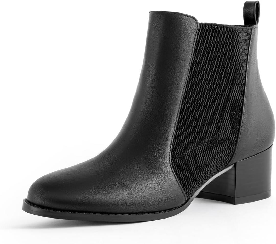 Low Heel Ankle Boots for Women Chunky Block Heel Elastic Gore Chelsea Boots Slip On Comfortable Short Boots Round Toe Black Brown Heeled Booties for Fall Winter (6)
