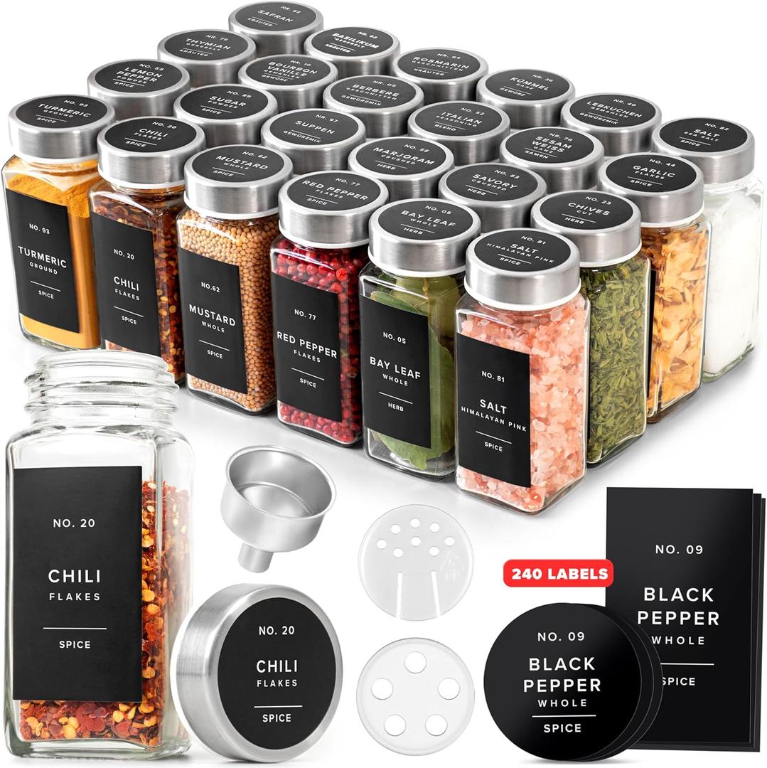 EDELHAUS Glass Spice Jars with Labels and Steel Lids (24 x 4oz) Spice Containers with 240 Label, Steel Funnel, Shaker Inserts, Empty Square Seasoning Organizer for Spice Rack, Cabinet, Drawer