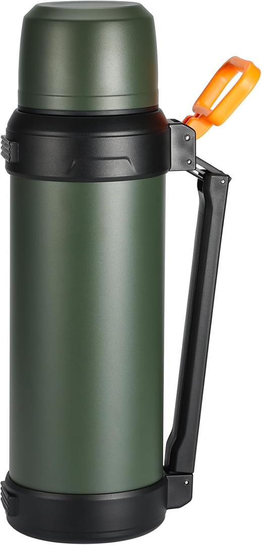 88oz Large Coffee Thermo for Travel, 2500ml Insulated Stainless Steel Water Bottle with Cup and Handle, Water Jug for 24hr Hot and Cold drinks, Vacuum Flask for Camping, Fishing & Working, Olive (Green)