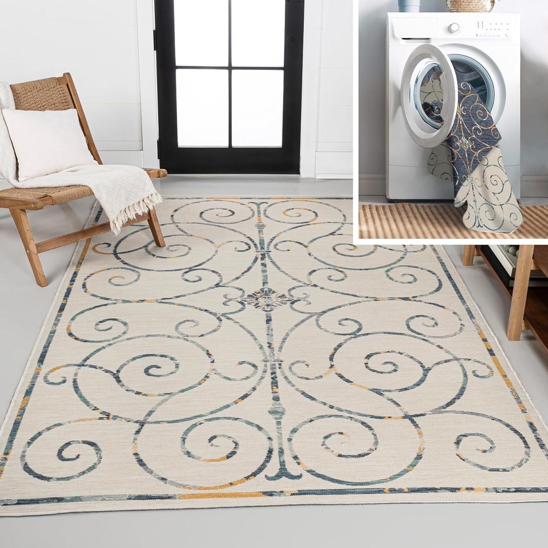 JONATHAN Y Filigree Scroll Reversible Washable Indoor Outdoor Area Rug 3X5 Cream/Navy, Danae Classic Cottage for Backyard, Patio, Porch, Easy-Cleaning, Pet-Friendly, Non-Shedding (SVH100B-3)