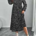 Women's Autumn Long-Sleeved Round-Neck Pleated Floral Dress a Casual and Flowing Long Dress (Black, L)