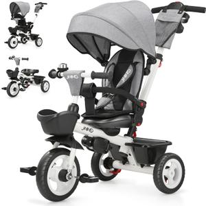 JMMD 7 in 1 Tricycle Stroller with Push Handle, Baby Trike with 360 Swivel Seat, Reclining Backrest, All-Terrain Wheels, Dual Brakes, Canopy & Storage, Gift for Kids 18 Months to 5 Years, Gray