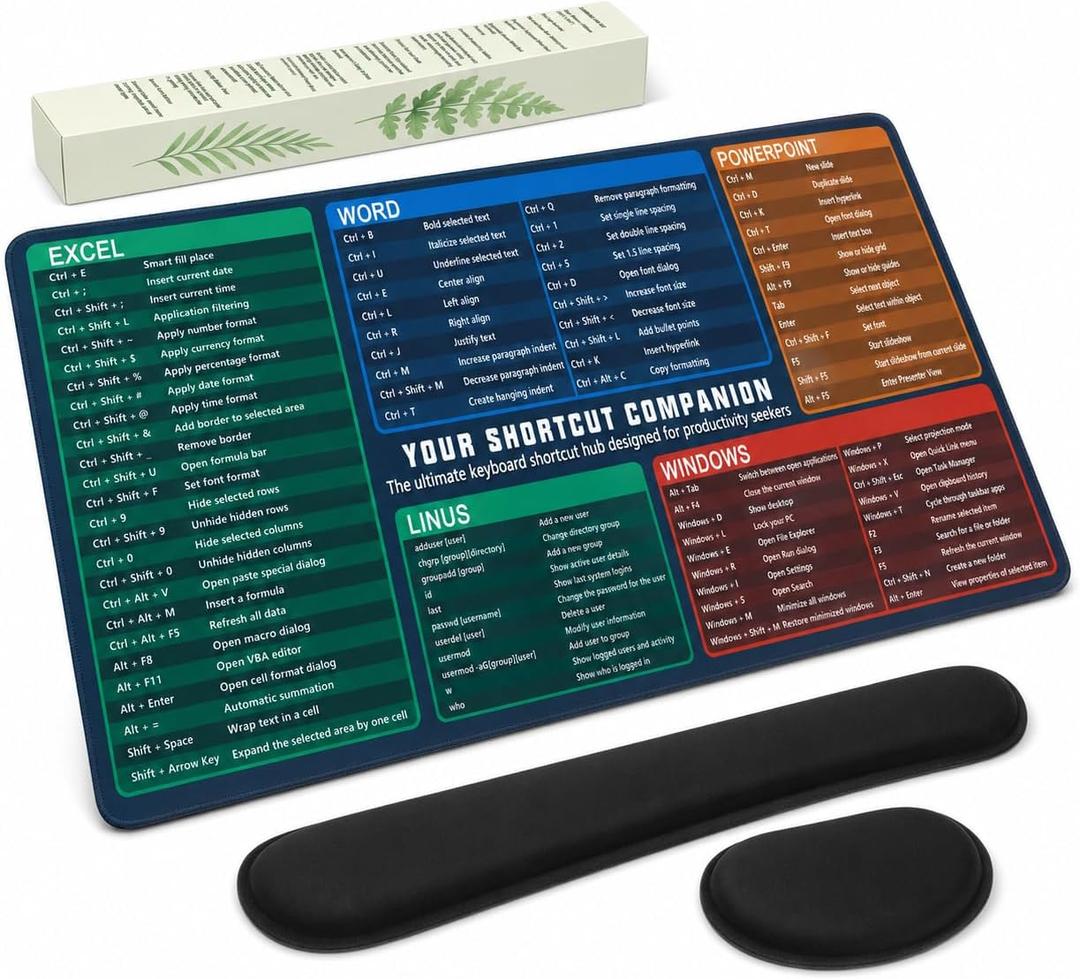 Excel Cheat Sheet Desk Pad Set, 3-Piece Office Shortcut Mouse Pad with Keyboard Wrist Rest & Mouse Wrist Rest, Excel Word PowerPoint Windows Shortcut Mat for Accountants, Students, Carbon Black