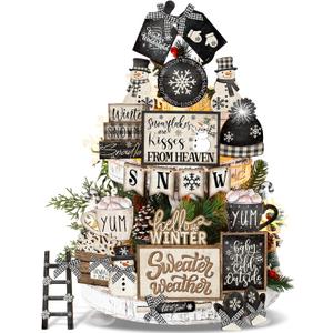 CroBlissful 23 Pcs Winter Tiered Tray Decor Snowman Farmhouse Decor Christmas Tiered Sign Winter Table Centerpieces Snowman Wood Blocks Signs for Home Shelf, Without Tray(Black, White,Snow)