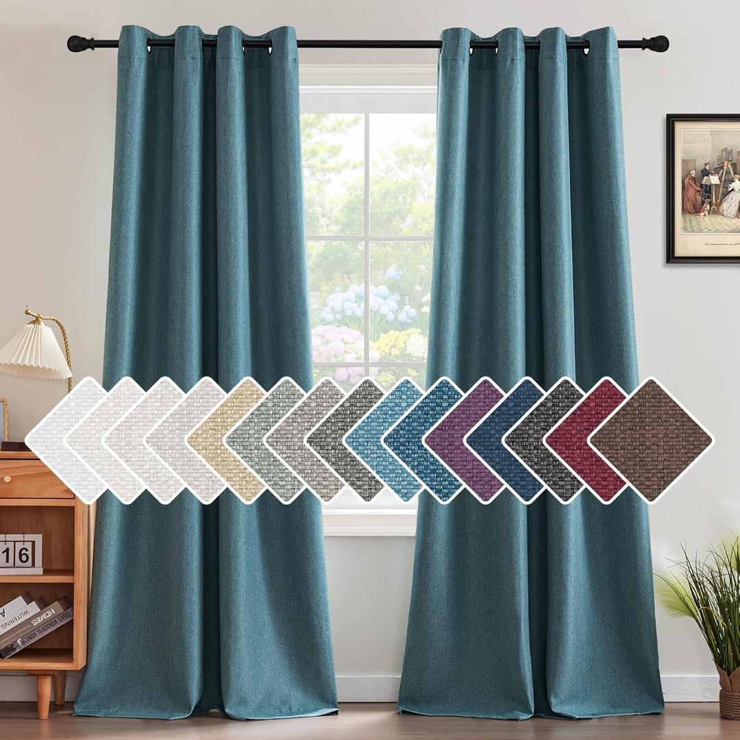 H.VERSAILTEX Linen Blackout Curtain 96 Inches Long for Bedroom/Living Room Thermal Insulated Grommet Linen Curtain Drapes Primitive Textured Burlap Effect Window Drapes 1 Panel - Heather Aegean Blue