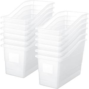 Suzile 12 Pcs Book Bins with Labels Linking Storage Bins Folder Magazine File Holder Interlocking Plastic Book Organizer Container for Office Classroom Home (Clear)