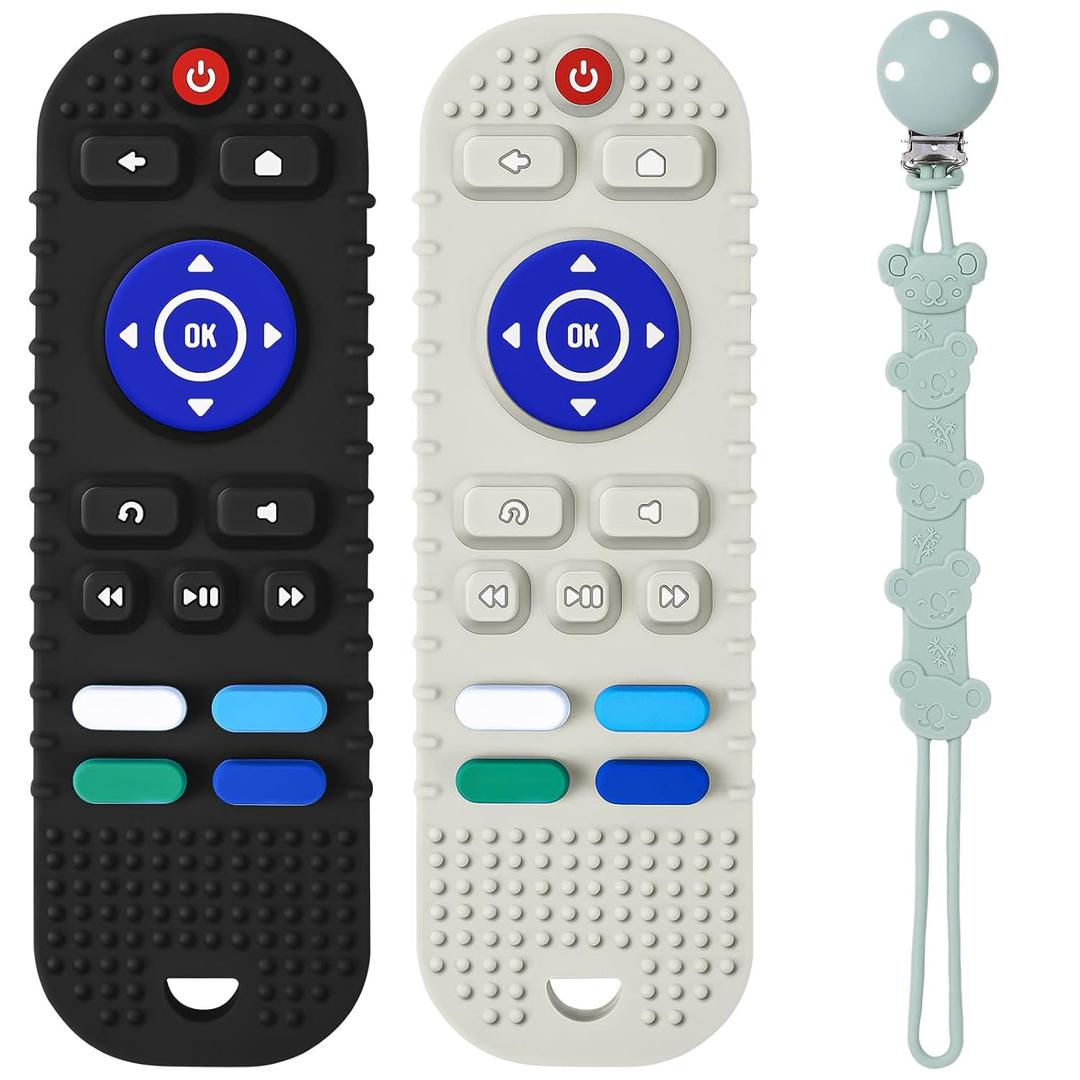 Baby Teething Toys,2pcs Silicone Teether for Babies Remote Control Shape Teethers+1PCS Pacifier Clip,Infant Teething Toy BPA Free,Dishwasher and Refrigerator Safe,for Babies 3-12 Months