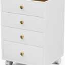 JanlyHome Under Desk Storage, Small Chest of 4 Drawers, Home Office Vertical File Cabinet with Glass Top, Mobile Printer Stand with Lockable Wheels for Home Office Study, White