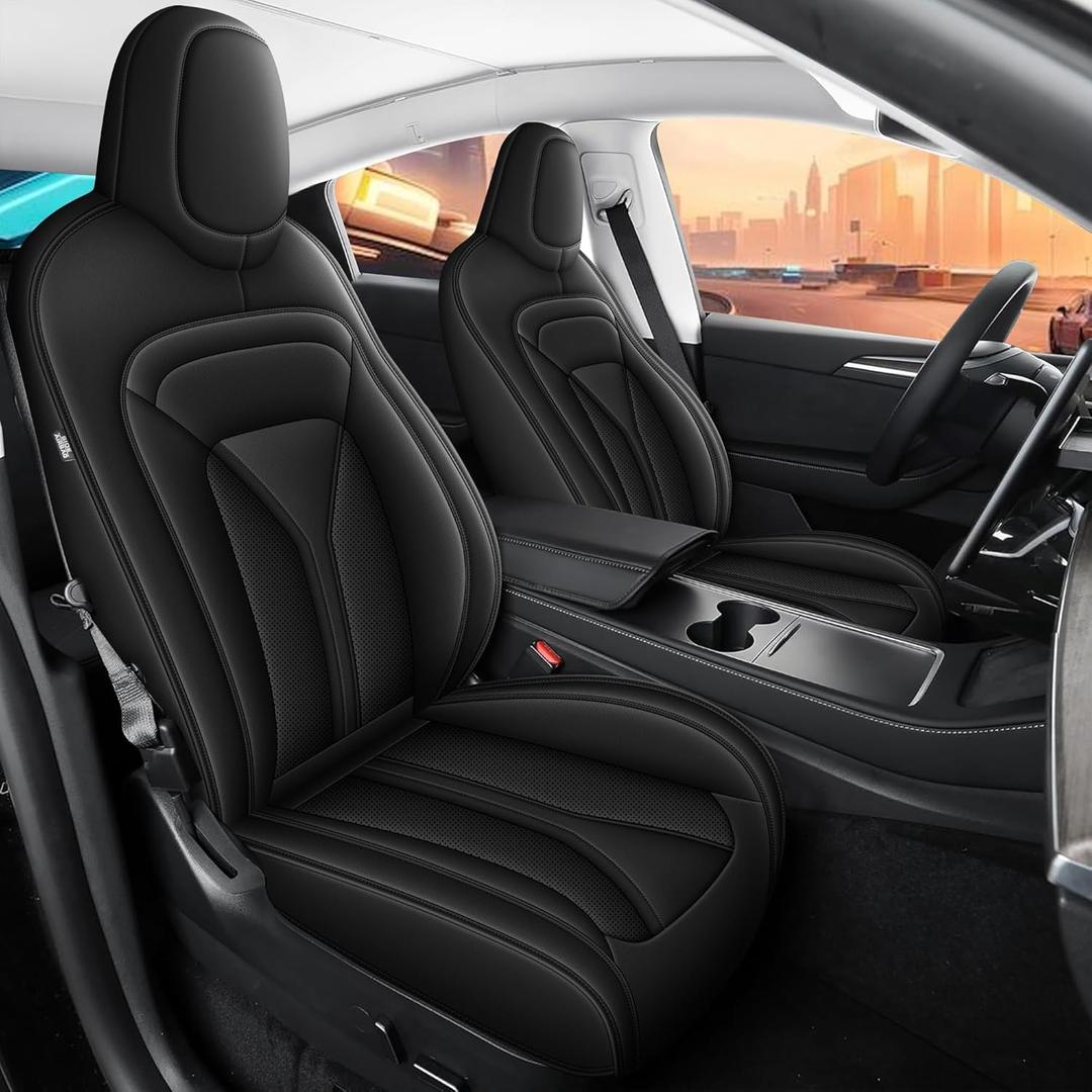 DISUTOGO Custom Seat Covers for Tesla Model Y 2020 2021 2022 2023 2024 2025, Front Set Breathable Faux Leather Car Seat Covers - Black