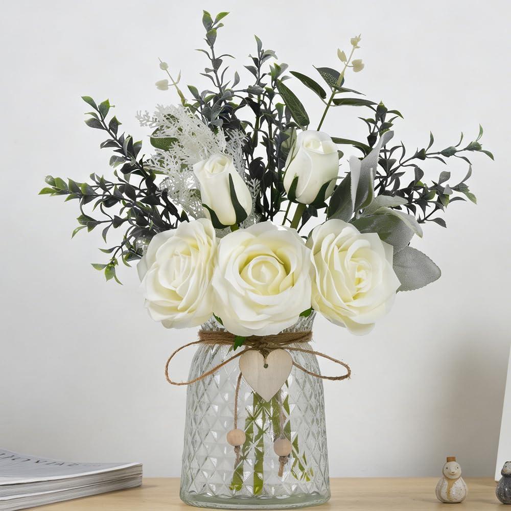JARELING Fake Flowers with Vase Silk Rose Flowers in Vase Eucalyptus Flowers Arrangement Suitable for Home Office Decoration, Dining Table Centerpiece (RoseWhite)