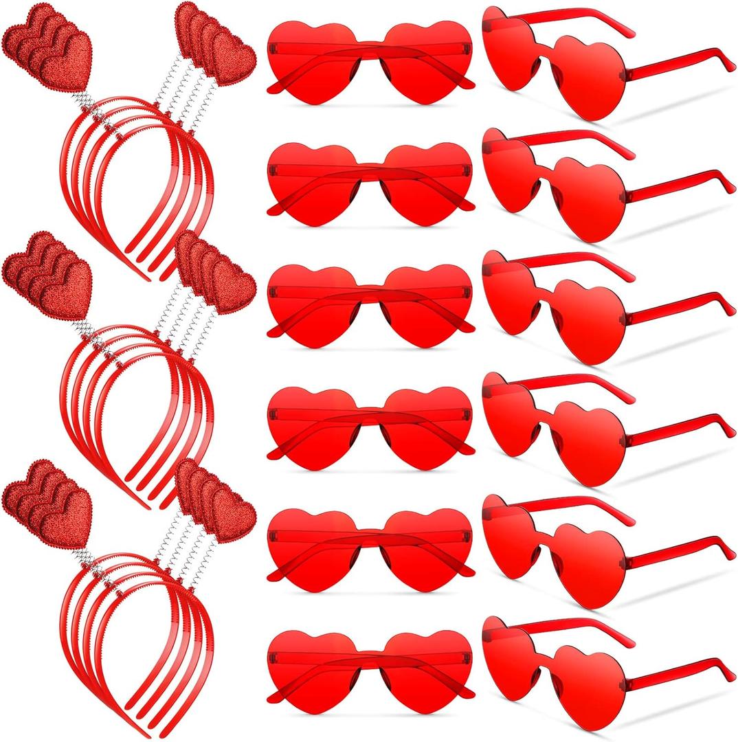 MTLEE 24 Pcs Valentines Heart Head Boppers Headbands and Heart Shape Sunglasses Valentines Party Supplies Wedding Photo Prop (Red)