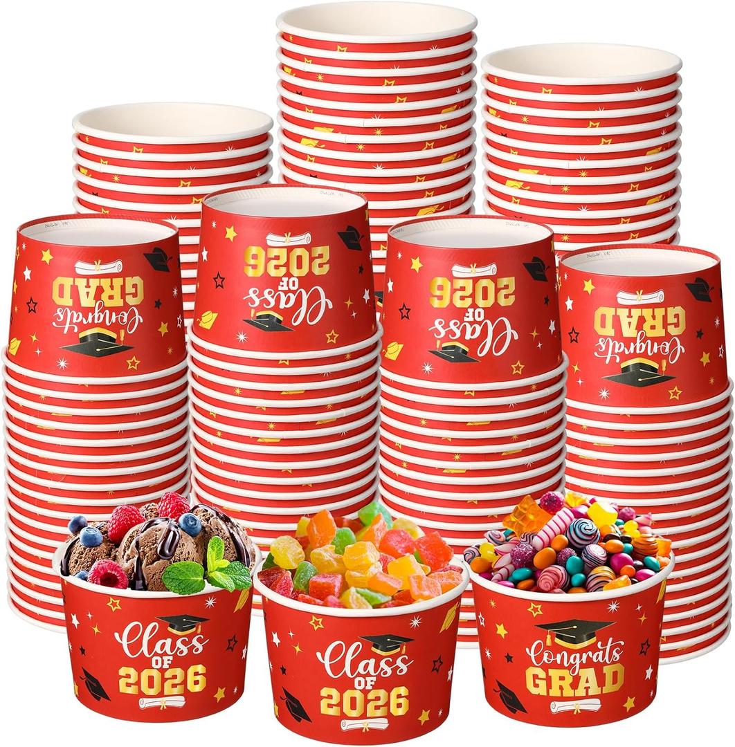 Nuanchu 100 Pack 9 oz Graduation Ice Cream Cups, Congrats Grad Disposable Dessert Bowls, Class 2026 Paper Snack Soup Cups for Hot or Cold Food Graduate Party Supplies(Class 2026,Grad Red)