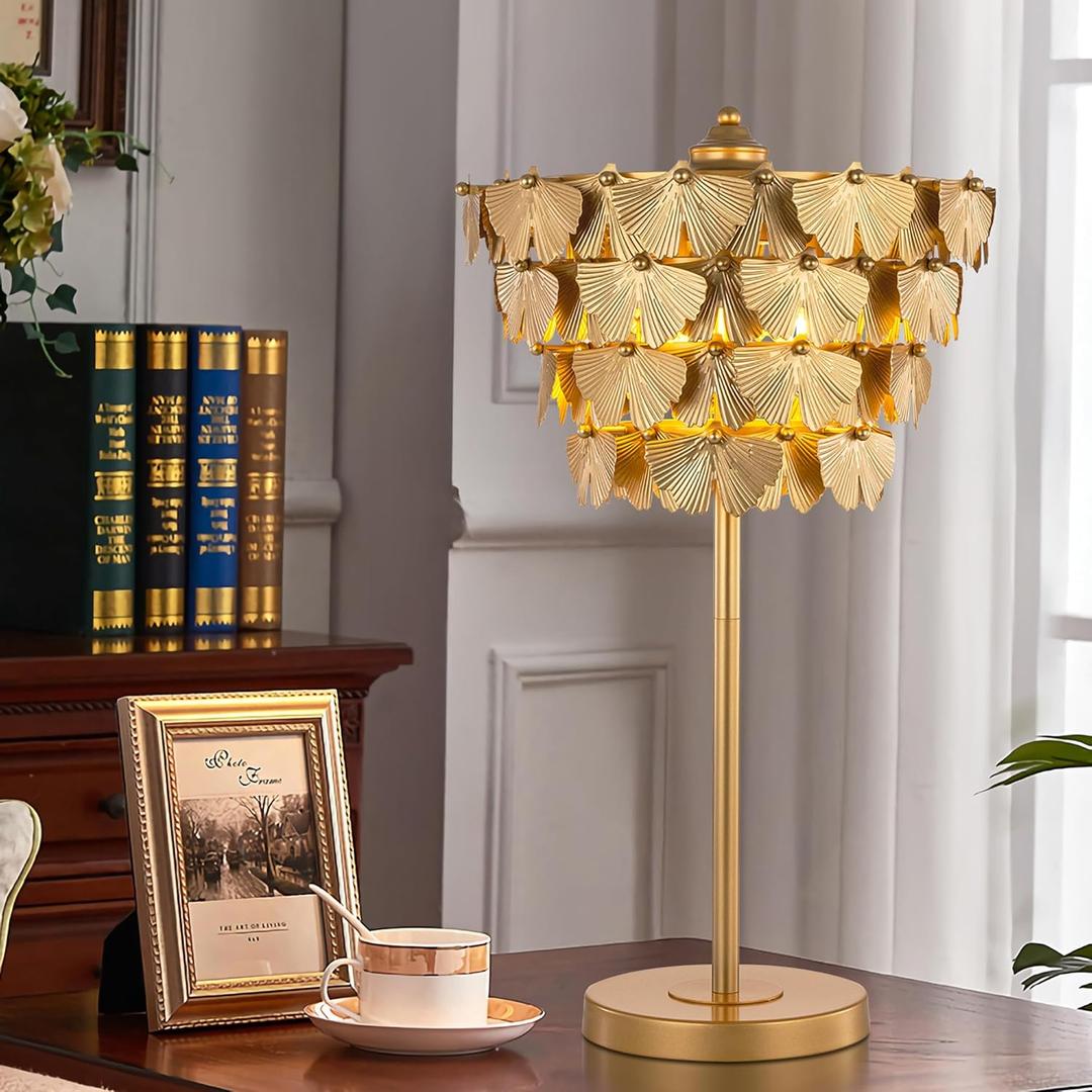 TOCHIC 3 Lights Table Lamp for Living Room, Gold Ginkgo Leaves Bedside Table Lamp for Bedroom, 26" Tall Modern Traditional Desk Nightstand Lamp for Entryway, Staircase, Home Office