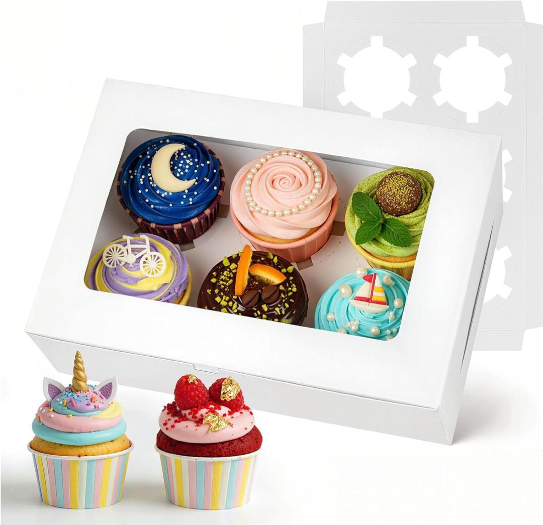 VGOODALL 6 Count White Cupcake Boxes, 15 Pack Cupcake Containers, 9.5 x 6.3 x 3 inches, Holding 90 Pastry Box for Birthday Holiday Party Bakery Supplies