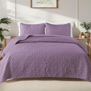 Exclusivo Mezcla Quilts King Size Bedspread with 2 Pillow Shams, Lightweight Dusty Lavender King Quilt Bedding Set with Vintage Damask Pattern, Soft Bedspreads Coverlets for All Seasons