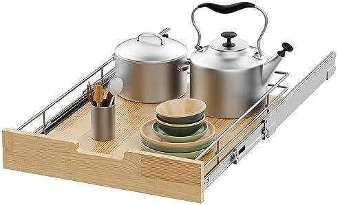 Sikarou Pull Out Cabinet Organizer,Heavy-Duty Slide Out Shelf, Wood And Wire Basket, Pull Out Drawer for for Kitchen Under Sink Space, Pantry, Bathroom (20 * 21in -Wood and Wire)