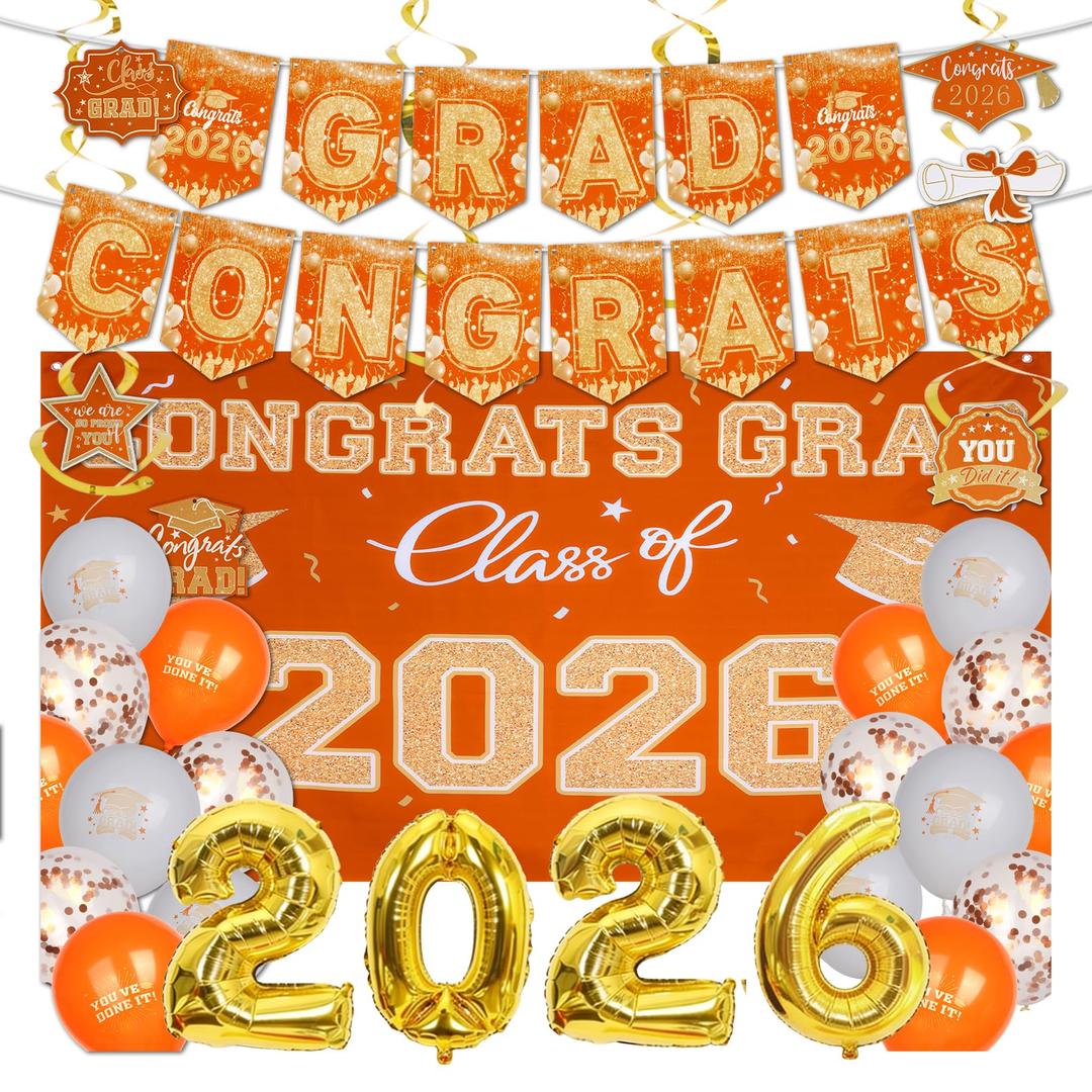 baotongle 2026 Graduation Decorations Themed Set Congrats Grad Backdrop Balloons Banner and Streamers Hanging Swirls Kit for Party Supplies High School College Celebrations(Orange)