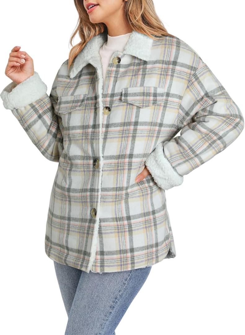 Dokotoo Winter Coats for Women Button Down Plaid Flannel Shirts Warm Sherpa Fleece Jacket (Small, White)