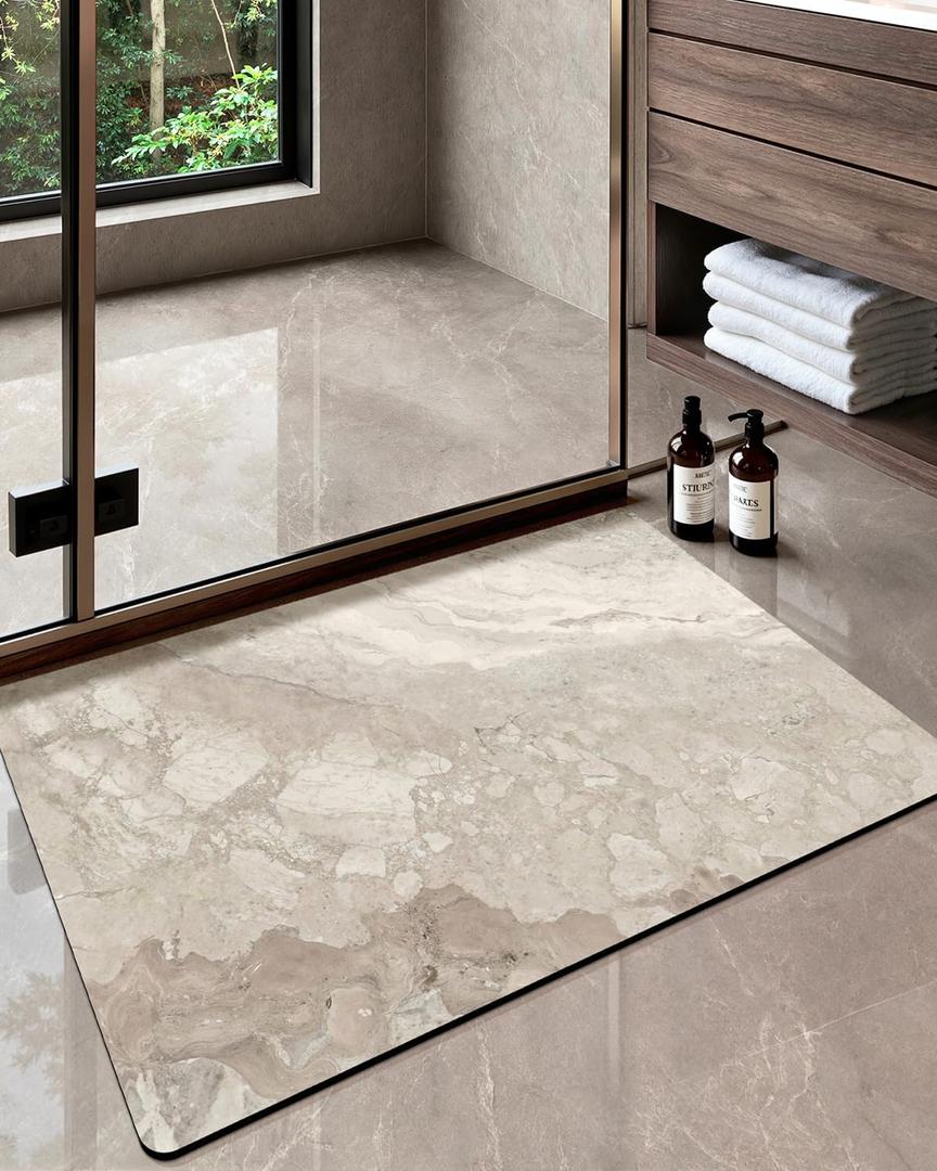 Color&Geometry Beige Stone-Texture Bathroom Rug, Ultra-Thin, Non Slip, Washable and Quick Dry Shower Mat, 17"x30" Small Luxury Shower Mat for Bathroom Floor/Outside Shower