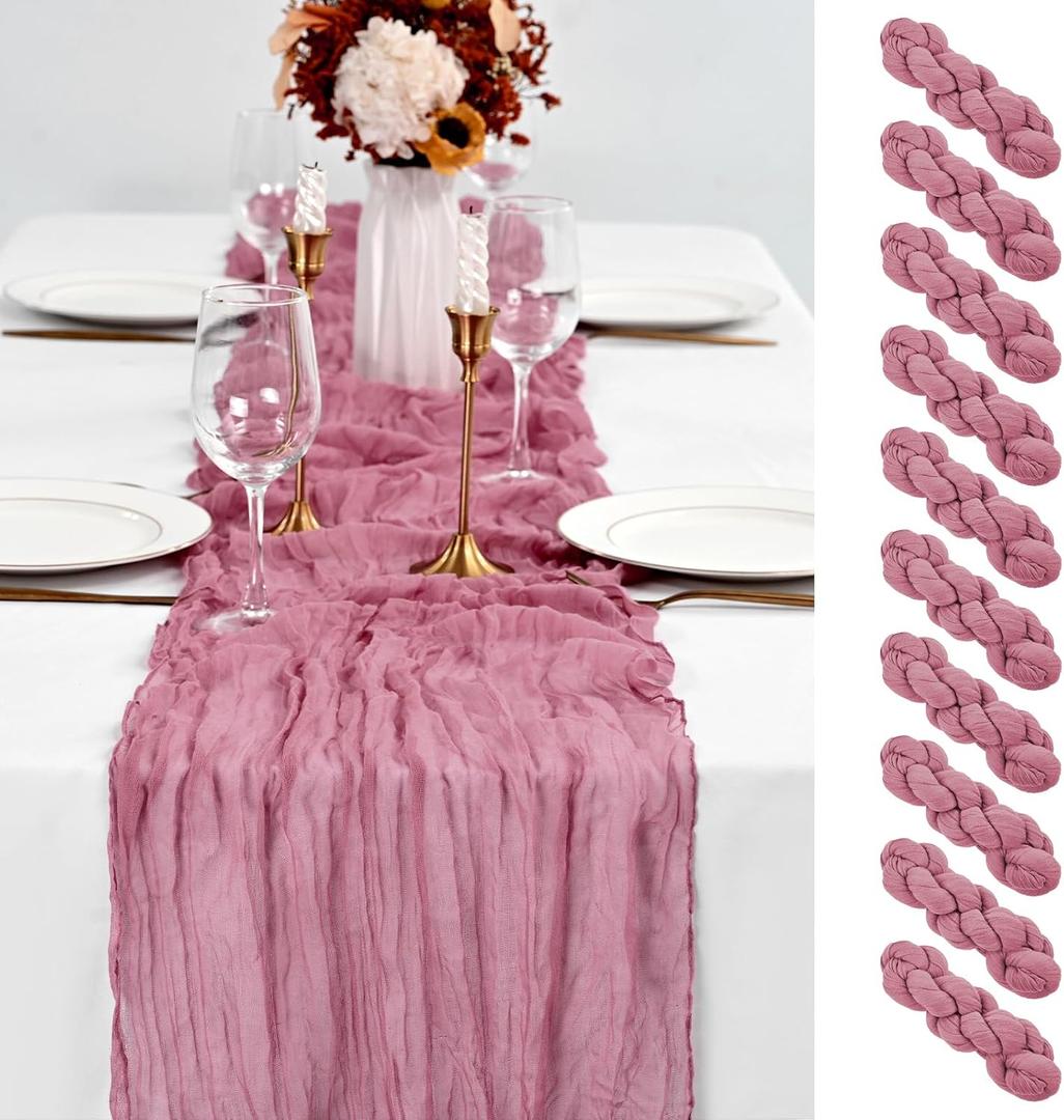 Dusty Rose Table Runner 10Ft Cheesecloth Table Runner Boho Gauze Table Runners Romantic Long Sheer Fabric Cheese Cloth Table Runners for Wedding Party Bridal Shower(Dusty Rose)