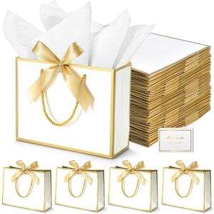 DOYIDE 50 Pcs Thank You Gift Bags with Tissue Paper, 9x7x3.1in Gift Wrap Bags with Handles and Bow Ribbon, Thank You Bag for Valentine Wedding Birthday Bridesmaid Holiday Party Favors (White and Gold)