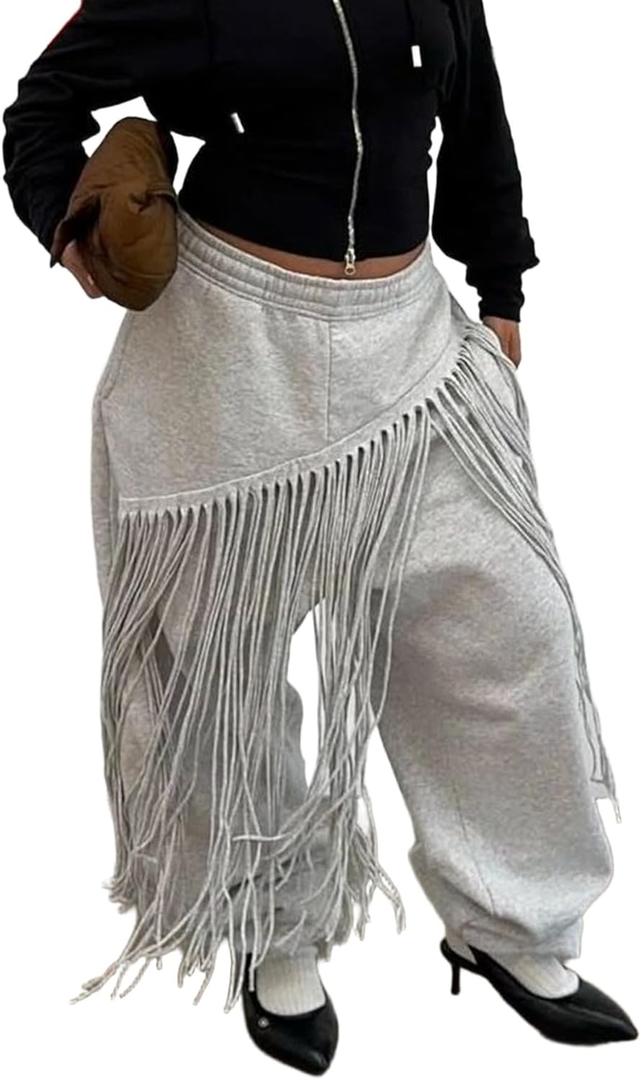 Womens Wide Leg Sweatpants High Waisted Baggy Pants Fashion Teen Girl Fringe Athletic Joggers with Pockets Tassels (X-Large, Grey)