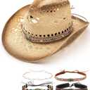 FURTALK Straw Cowboy Hat for Women Men with 4-Style Decorative Bands Stiff Wide Brim Western Style Cowgirl Hat