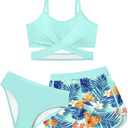Girls Swimsuit 3 Piece Bathing Suit Criss Cross Bikini Set Girls' Swimwear with Shorts (13-14 Years, Coral Blue)