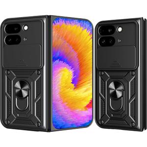 for Google Pixel 9 Pro Fold Case with Slide Camera Cover & Rotatable Ring Kickstand, Military Grade Shockproof Protective Phone Cover Case for Google Pixel Fold 2 5G 2024 SJ Black