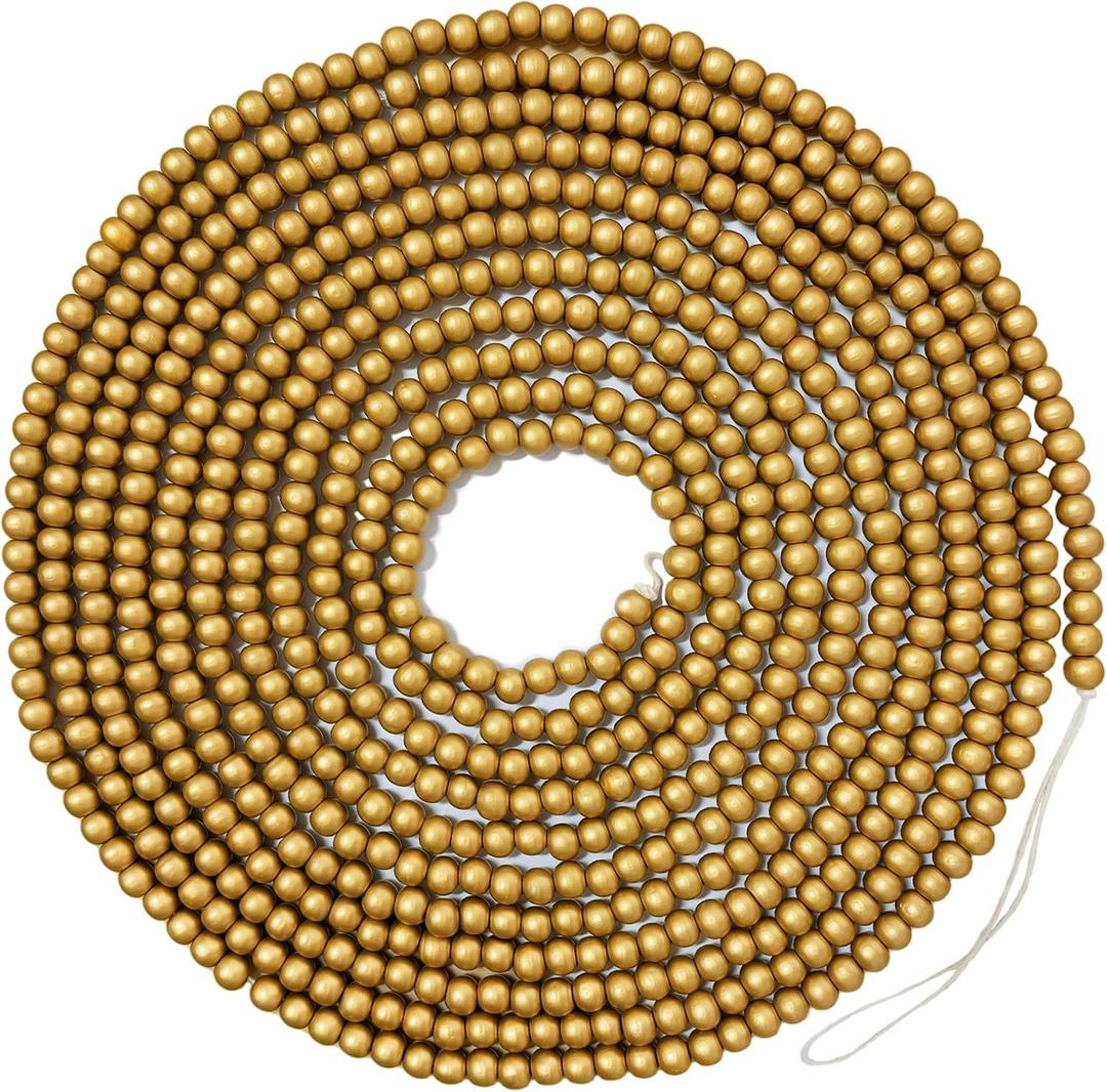 236 Inch Christmas Wood Bead Garland,Gold Wooden Bead Garland for Christmas Tree,Round Craft Farmhouse Vintage Wood Beads Garlands for Xmas Decoration Supplies