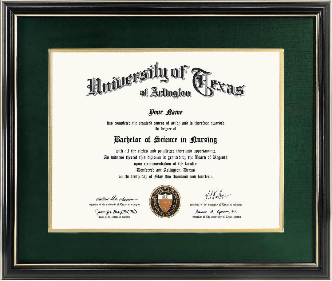 GraduationMall 11x14 Diploma Frame with Green over Gold Mat or Display 15x18 Certificate without Mat,Solid Wood & Tempered Glass,Glossy Black Finish with Gold Trim