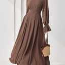 Women's Elegant Swing Flowy Dresses Long Sleeve Invisible Zipper Front Pleated Front Semi Formal Dresses,Brown,Medium