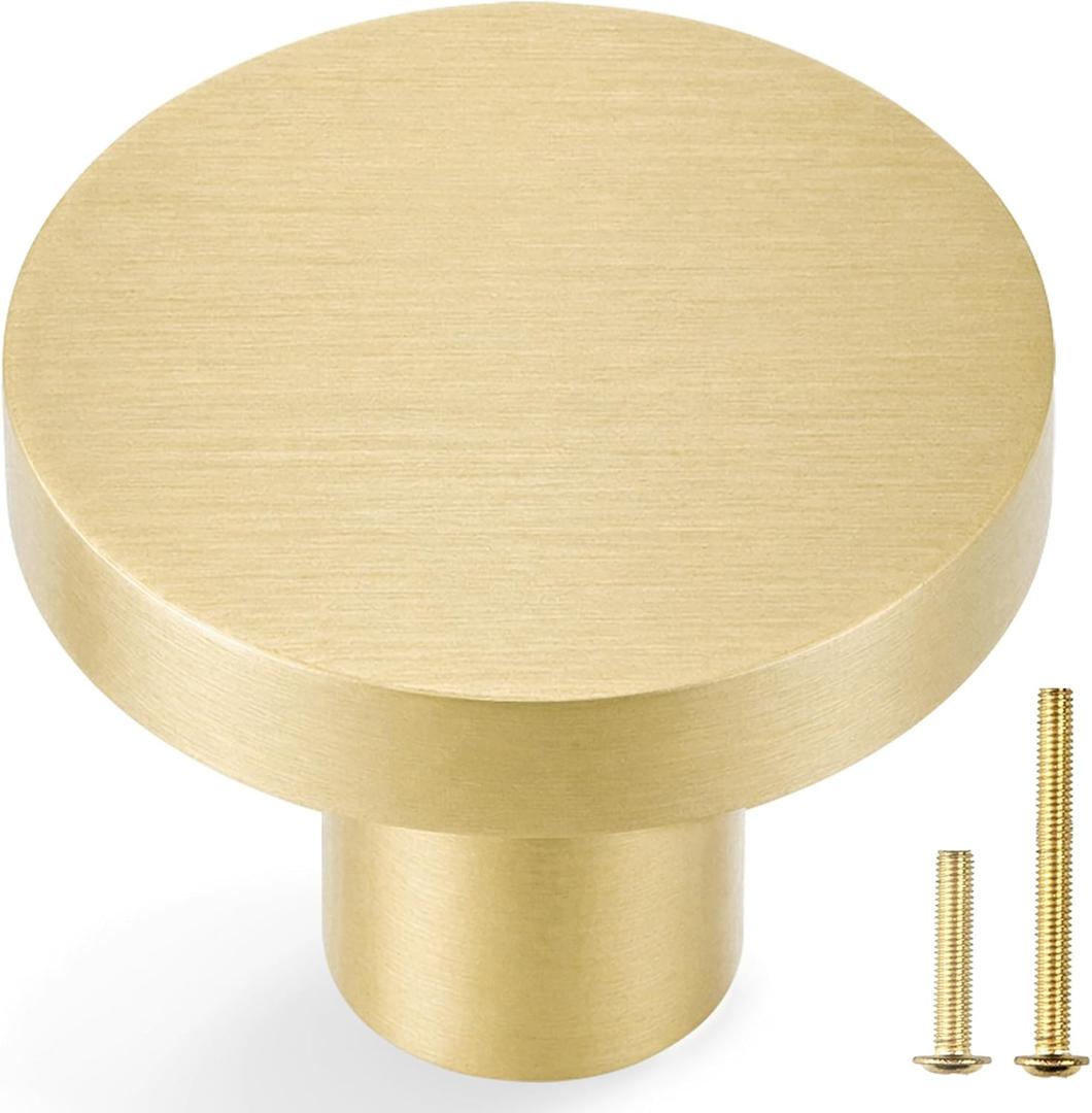 QOGRISUN 5 Pack Gold Cabinet Knobs, Solid Brass Knobs for Dresser Drawers, Brushed Brass Round Kitchen Hardware Heavy Duty, 1 Inch Diameter