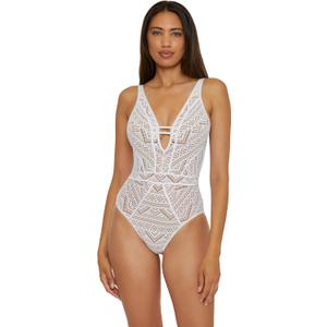 BECCA Color Play One Piece Swimsuit, Plunge Neck, Crochet, Bathing Suits for Women (Medium, White Tan)