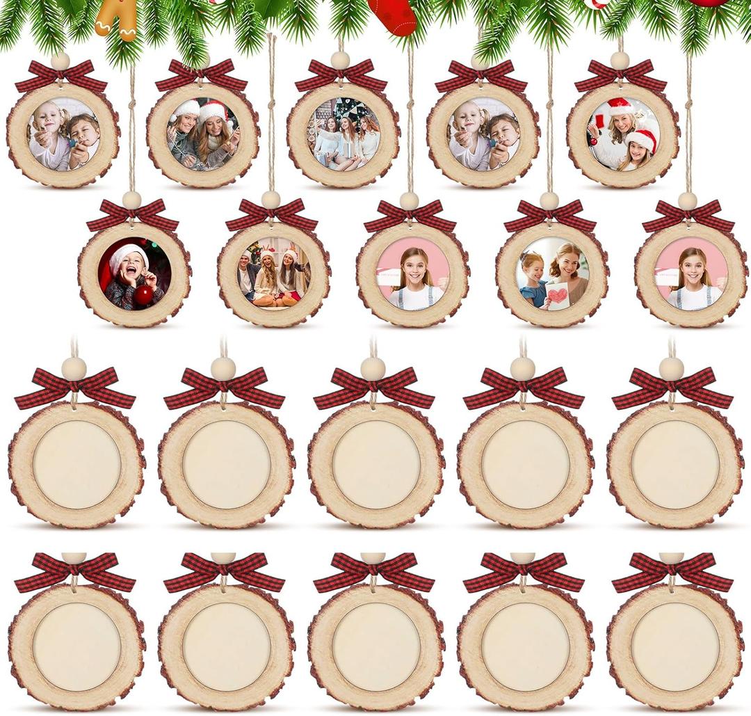 Round Picture Frames Wooden Christmas Picture Frame Ornaments for Christmas Tree Hanging Photo Ornaments Using My Own Photos (Black and Red,Bow)