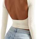 SUUKSESS Women Backless Going Out Tops Double Lined Open Back Basic Long Sleeve (X-Small, Off-white)