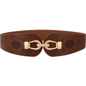 Womens Western Wide Waist Belt for Dress Vintage Stretchy Elastic Belt with Chunky Gold Buckle