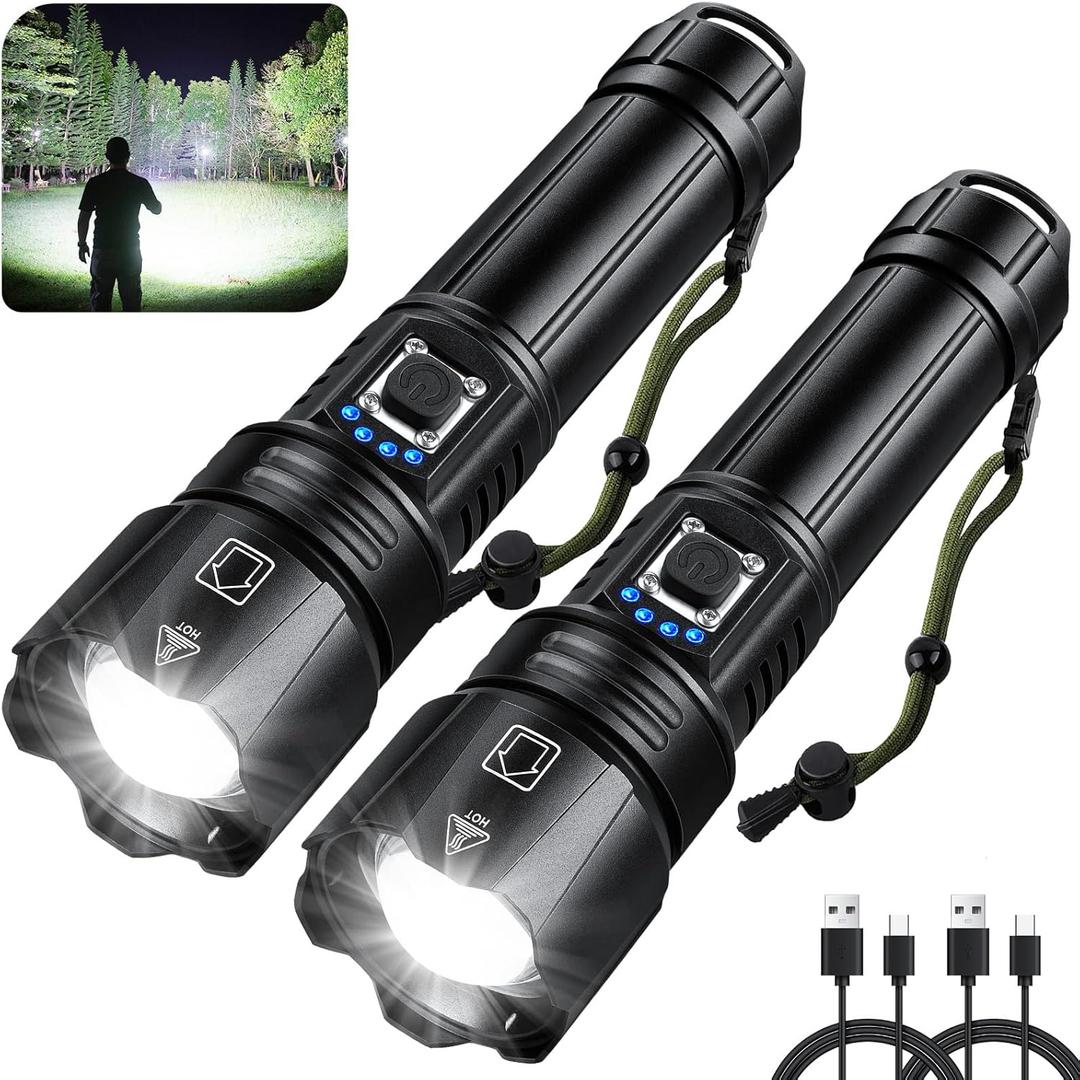 Flashlights High Lumens Rechargeable, 99000 Lumen Super Bright Flashlight Pack of 2, High Powered LED Flash Light with 5 Modes, IPX6 Waterproof Handheld Flashlights for Home Camping Gift