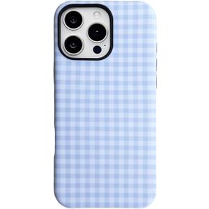 Magnetic Gingham Checkered Case for iPhone 13 Pro Max 6.7 inch [Compatible with MagSafe],Cute Aesthetic Trendy Plaid Striped Retro Chic Girly Hybrid 2 Layers Protective Cover Blue White